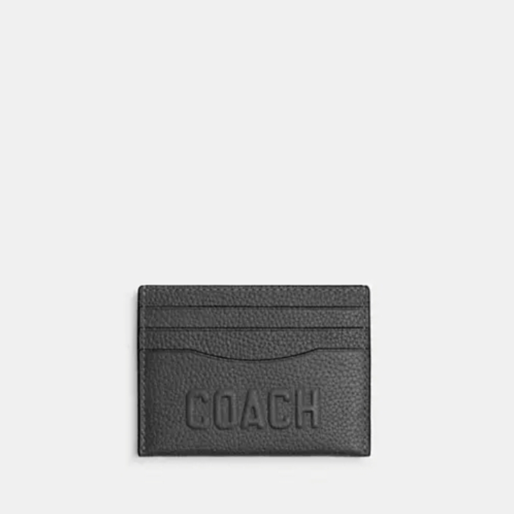 Coach Charcoal Leather Card Holder With COACH graphic NWT